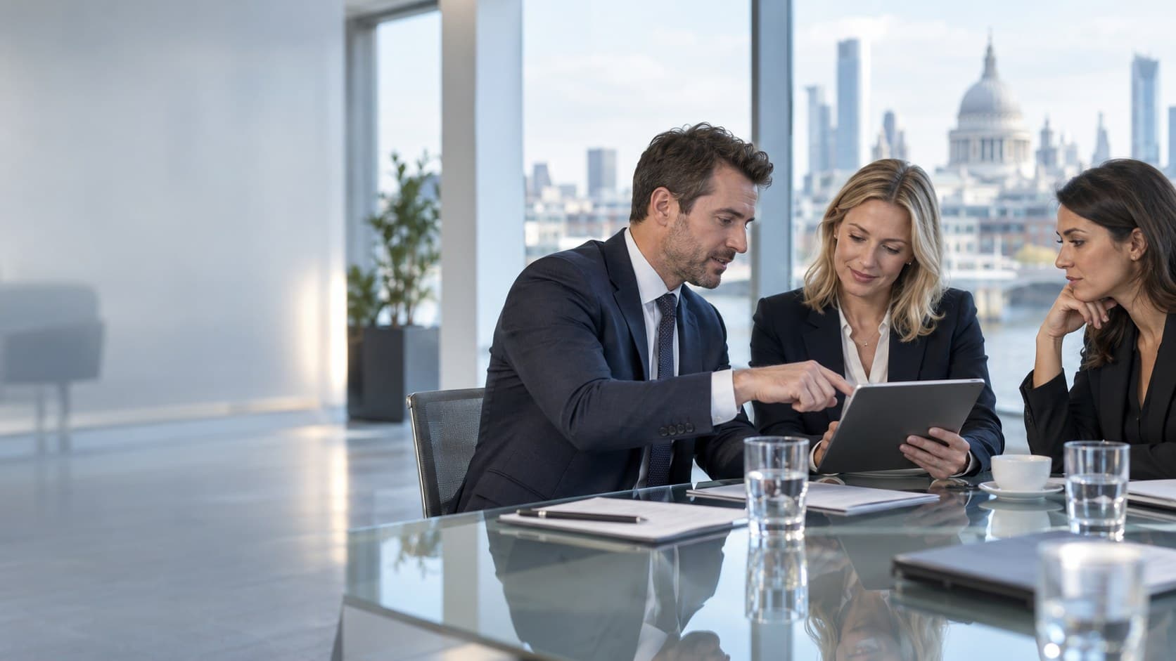 Advisers reviewing a client's figures in a London office overlooking St Paul's Cathedral